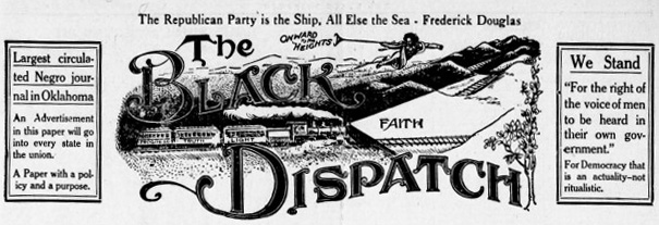 The masthead of The Black Dispatch newspaper with decorative text atop an illustration of a train