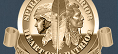 Oklahoma Military Hall of Fame seal the profile images of a modern soldier and a Native American facing away from each other. 