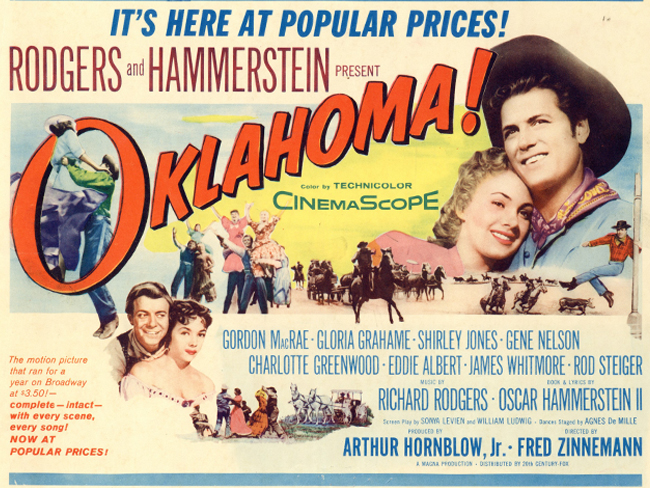 Movie poster advertising Oklahoma! with a young couple smiling, images of cowboys and hours, and a list of cast