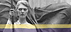 Closeup of historic image of a woman with purple and yellow stripes at the bottom