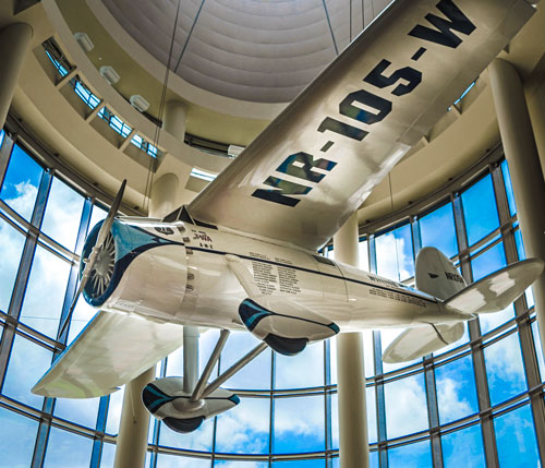Replica of the Winnie Mae hanging in the Oklahoma History Center atrium. 