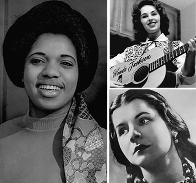 A grouping of three historic photographs featuring Leona Mitchell, Wanda Jackson, and Tessie Mobley