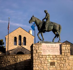 The statue of Will Rogers riding his horse Soapsuds, stands outside the Will Rogers Memorial Museum in Claremore.