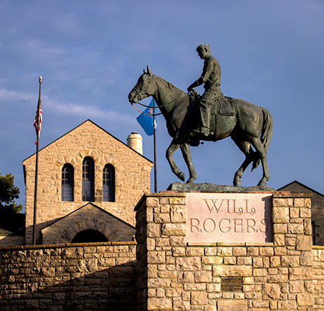 The statue of Will Rogers riding his horse Soapsuds, stands outside the Will Rogers Memorial Museum in Claremore.