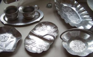 Hammered Aluminum sugar and creamer and serving trays