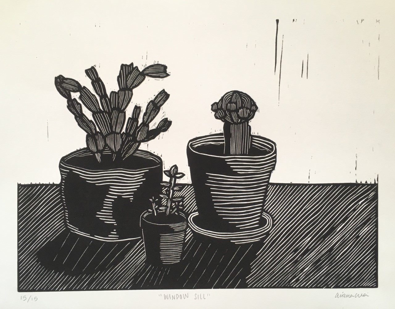 Black ink block print of one large, one mediun, and one small plant in separate pots