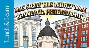 Simple illustrations of a bank and capital building for the Jr. Preservationist coloring book.