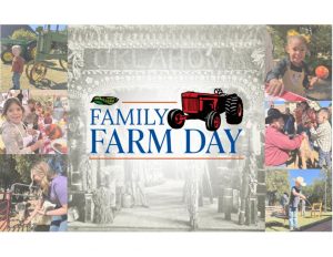 A petting zoo, craft activities, a girl holding a candy apple, a boy by a tractor, pumpkin decorating, and a vintage farm display.