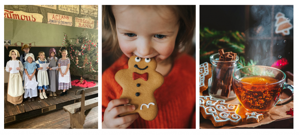 A cup of tea with steam rising, a child munching on a gingerbread cookie, and children in pioneer clothing gathered at the Cherokee Museum and Rose Hill school schoolhouse.