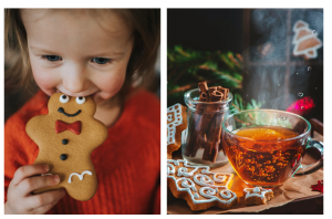A cup of tea with steam rising, a child munching on a gingerbread cookie, and children in pioneer clothing gathered at the Cherokee Museum and Rose Hill school schoolhouse.