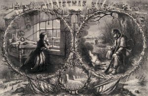 An engraving of a woman kneeling by a window, and a Civil War soldier reading a letter. The engraving is entitled 'Christmas Eve', Harper's Weekly, 1863.