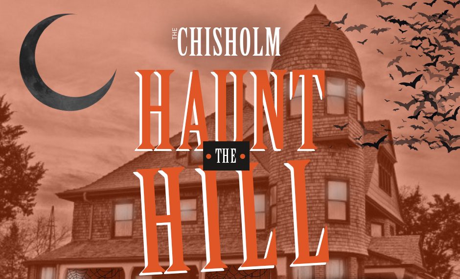 A graphic depicting the A. J. Seay Mansion. A crescent moon and bats and text "Haunt the Hill.'