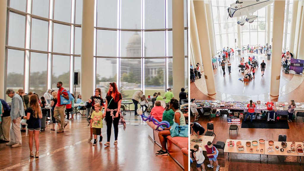 People, families, and children participate in open house activities at the Oklahoma History Center.