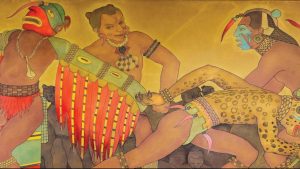 A mural at the Spiro Mounds Archaeological Center depicting people of the Mississippian culture performing a dance with masks and costumes.
