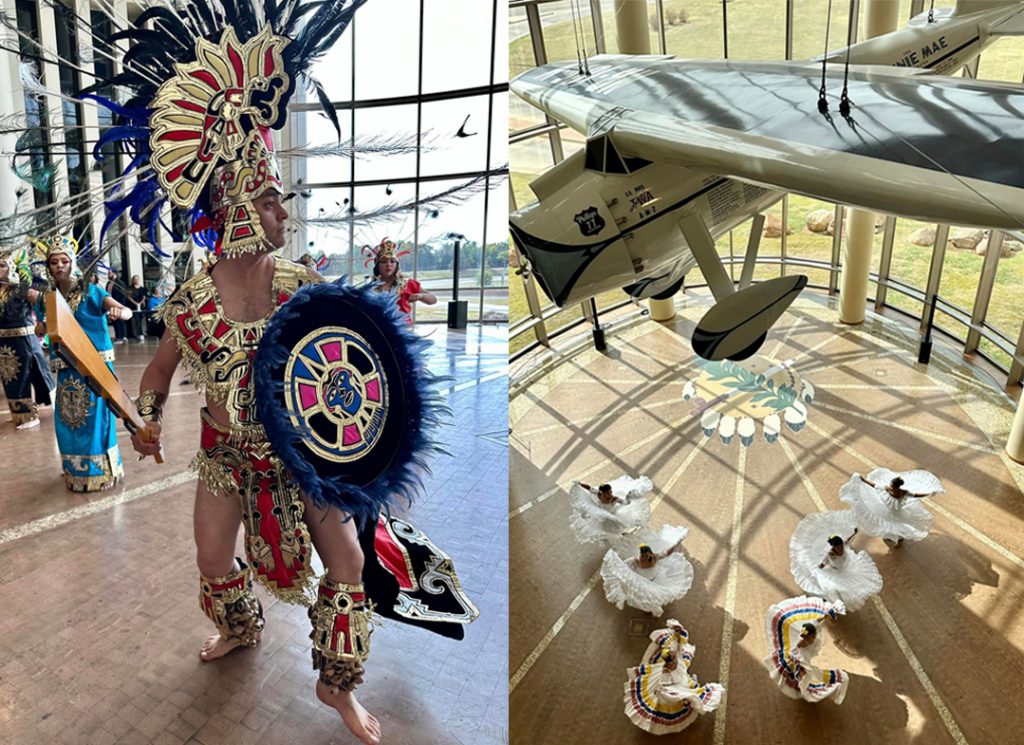 Musical groups in cultural costumes perform dances in the Devon Great Hall at the Oklahoma History Center.