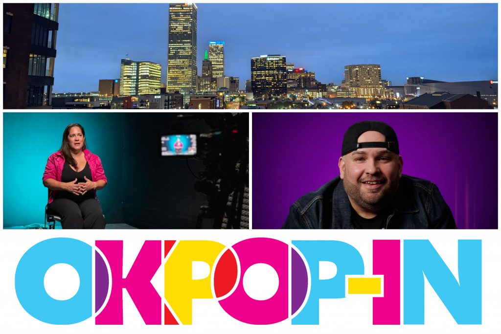 A collage of the Tulsa skyline, and photos of Mariana Llanos and Luis Solis, and the OKPOP-IN logo