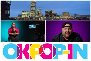 A collage of the Tulsa skyline, and photos of Mariana Llanos and Luis Solis, and the OKPOP-IN logo