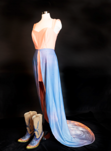 Romper featuring Oklahoma sunrise and bedazzled boots worn by Ashleigh Robinson (Miss Oklahoma 2021)