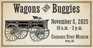 An historic looking banner with an antique buggy and the words "Wagons and Buggies" listed in a Western font