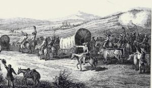Wagons and men on horseback fire muskets in the air.