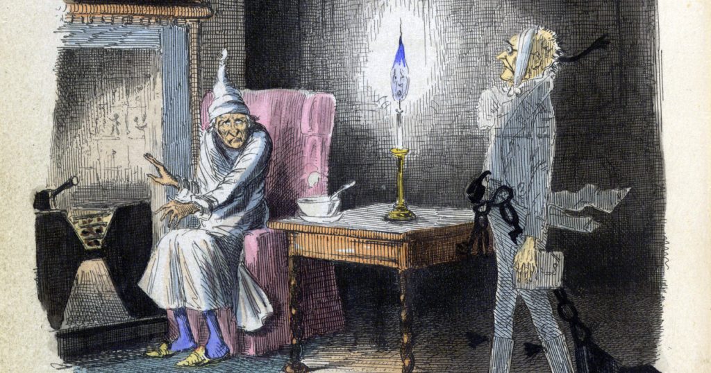 An engraving of Ebenezer Scrooge being visited by Marley's Ghost.