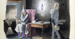 An engraving of Ebenezer Scrooge being visited by Marley's Ghost.