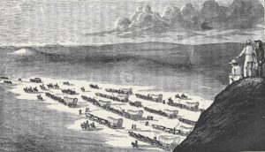 Prairie Schooners traveling west. As seen from a high elevation looking down.