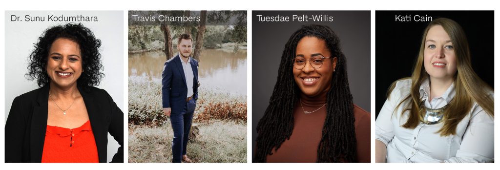 Dr. Sunu Kodumthara, Professor Tuesdae Pel-Willis, Travis Chambers, and Kati Cain.