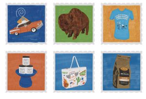 Illustrations of ornaments, coffee, t-shirts, stuffed animals and other merchandise.