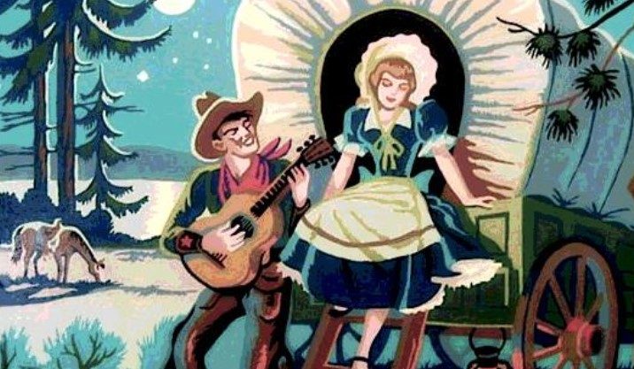 An illustration of a cowboy serenading a woman by a Conestoga wagon.