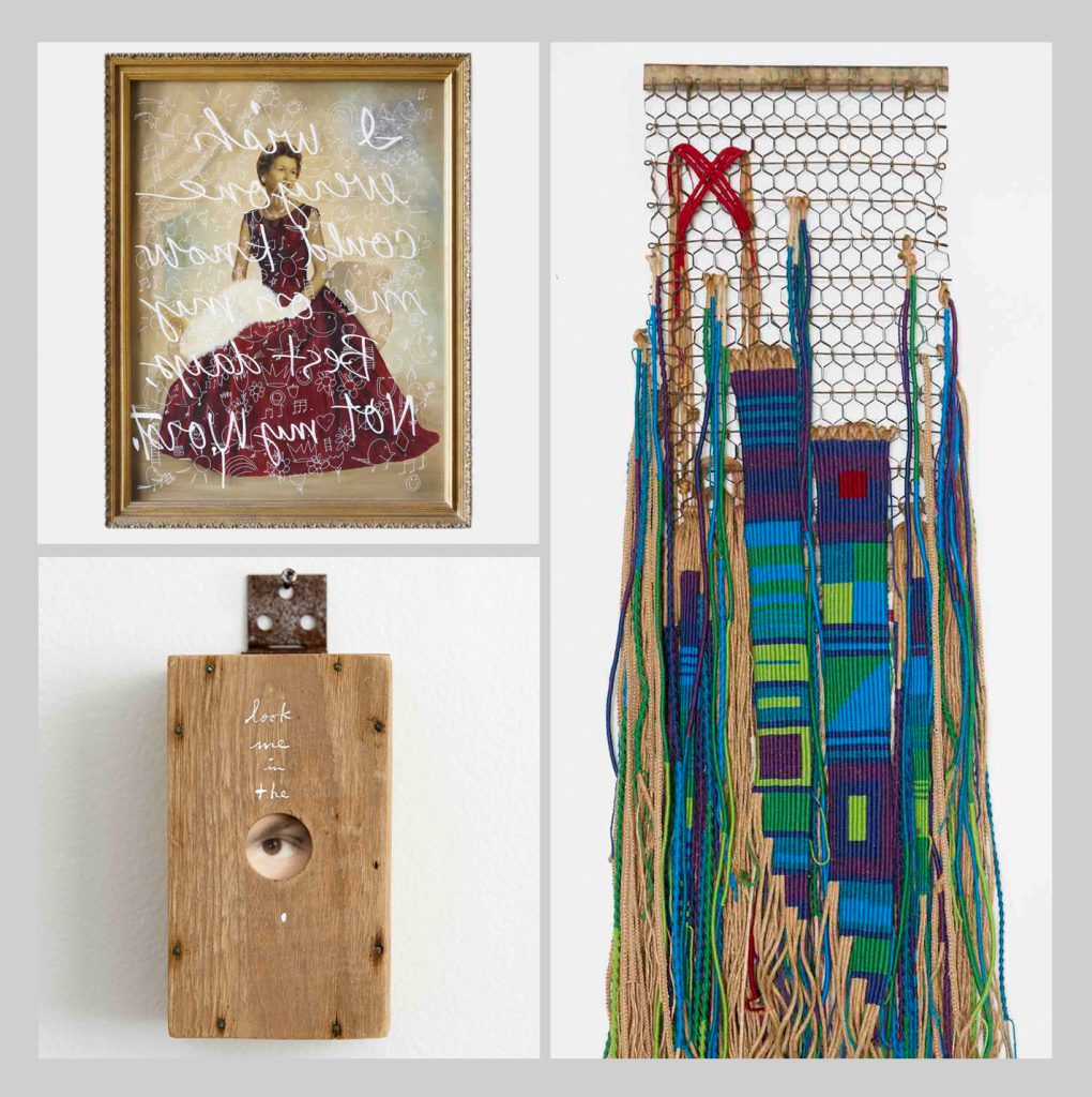 Painting of a woman covered in graffiti. A sculpture made of wood, and another woven with fiber
