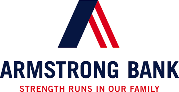 A stylized letter A designed in patriotic colors and the words Armstrong Bank below it.