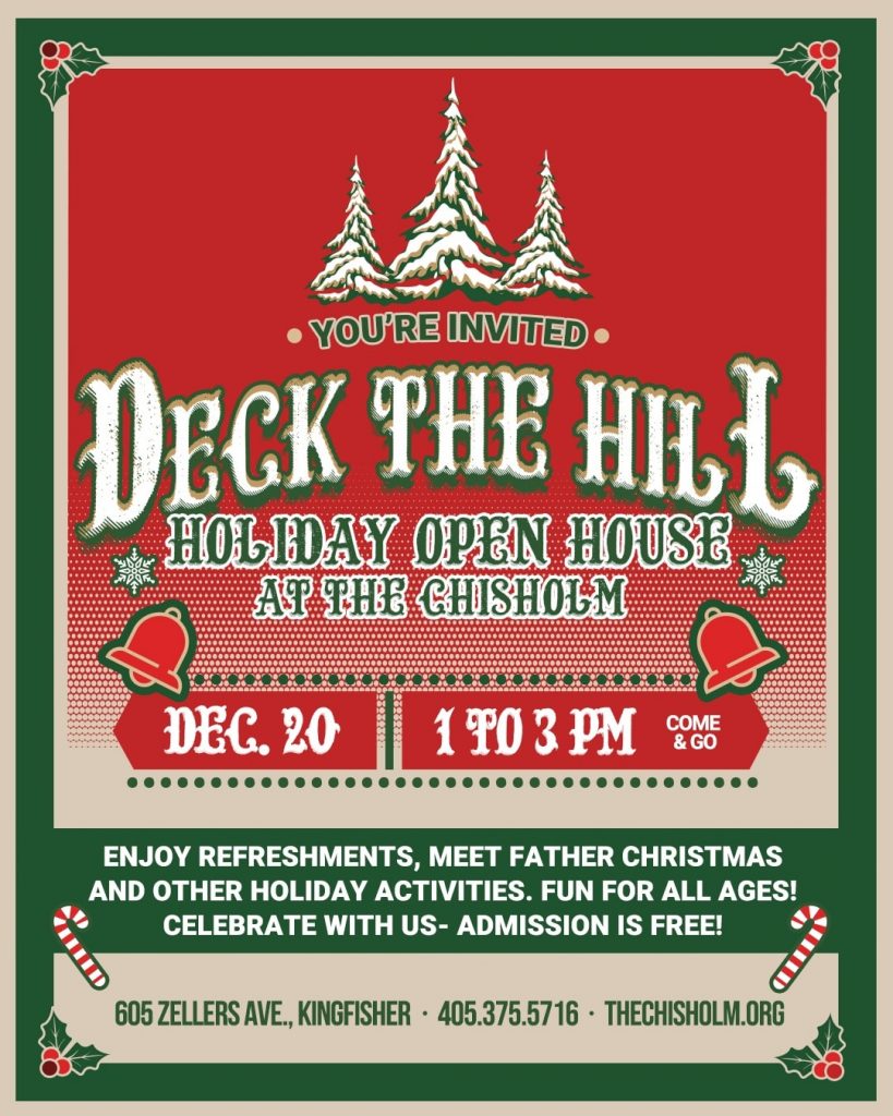 A flyer with pine trees and snow on their branches. Large words read Deck the Hill.