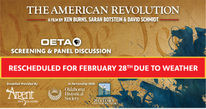 Graphic depicting Revolutionary War soldiers, and a bright banner indicating postponement.