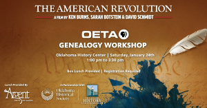 Genealogy Workshop combined with a watercolor image of Revolutionary War soldiers.