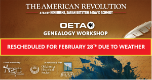 Watercolor image of Revolutionary War soldiers, the OETA logo, and a bright banner indicating the postponement of the event.