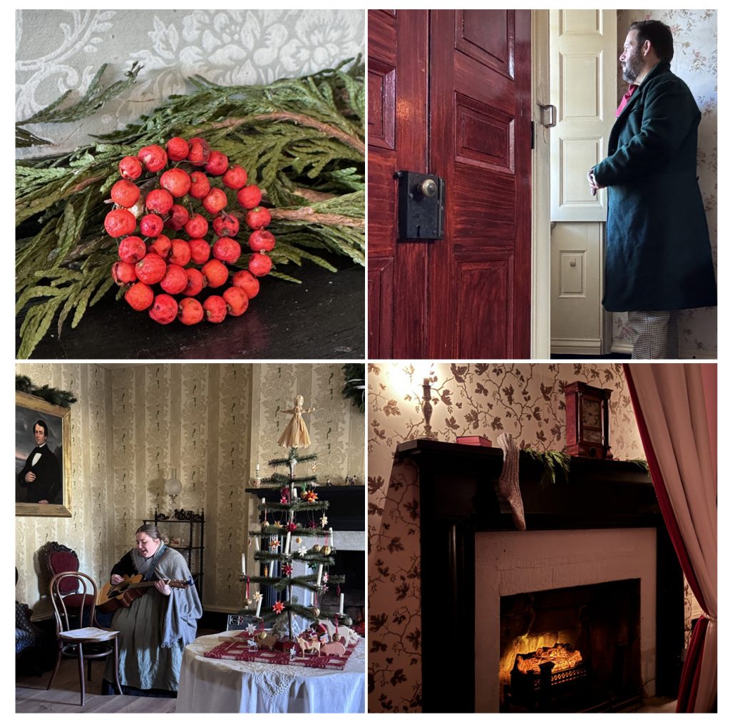19th Century Christmas decorations, history reenactors, and a stocking hanging on the mantle of a fireplace.