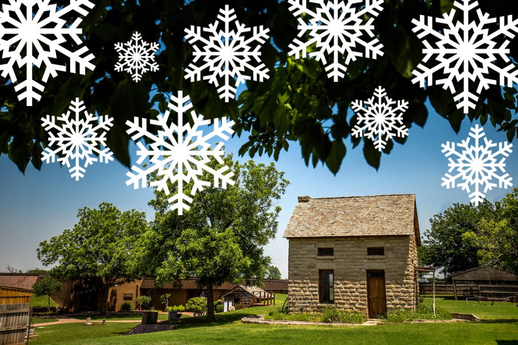A photo of the Museum of the Western Prairie with snowflakes superimposed on the upper portion of the photograph.