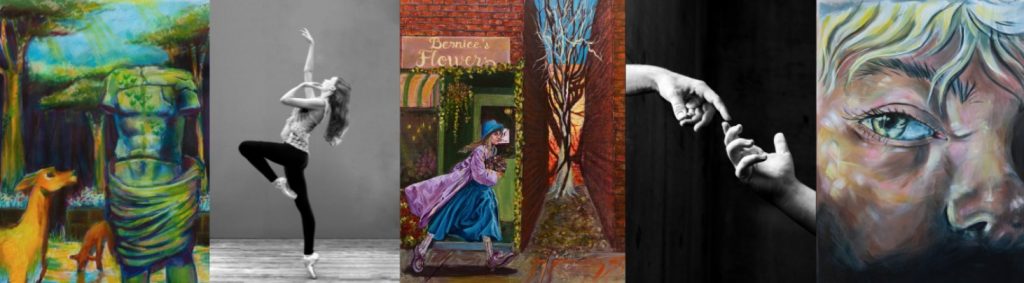 Fine art photographs of dancers, and two fingerpoints touching, and student painting of a woman in action.