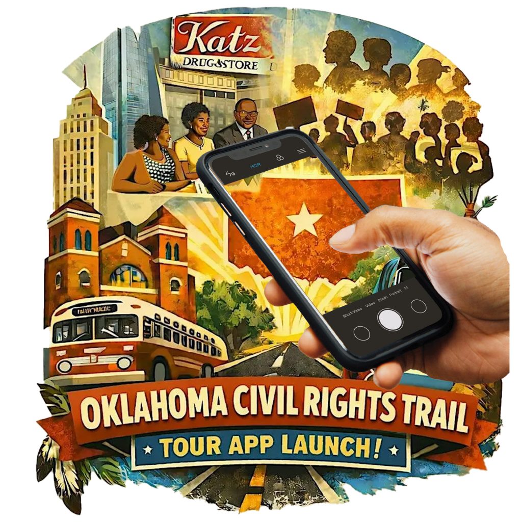 The state of Oklahoma centered on the screen of a cell phone. The cell phone image is surrounded by watercolor illustrations of Katz Drug Store sit-ins and Civil Rights landmarks in Oklahoma.