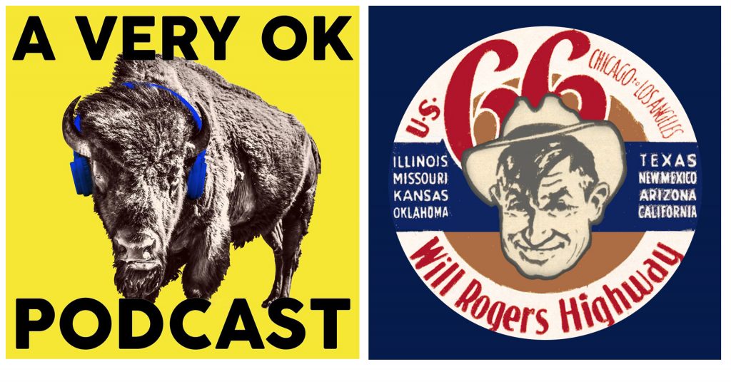 A bison wearing earphones, and a Will Rogers Highway Seal encircling the face of Will Rogers