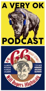 A bison wearing headphones and the face of Will Rogers encircled in a Route 66 Highway seal