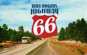 A bus traveling on Route 66 and a 66 stylized shield reading Will Rogers Highway.