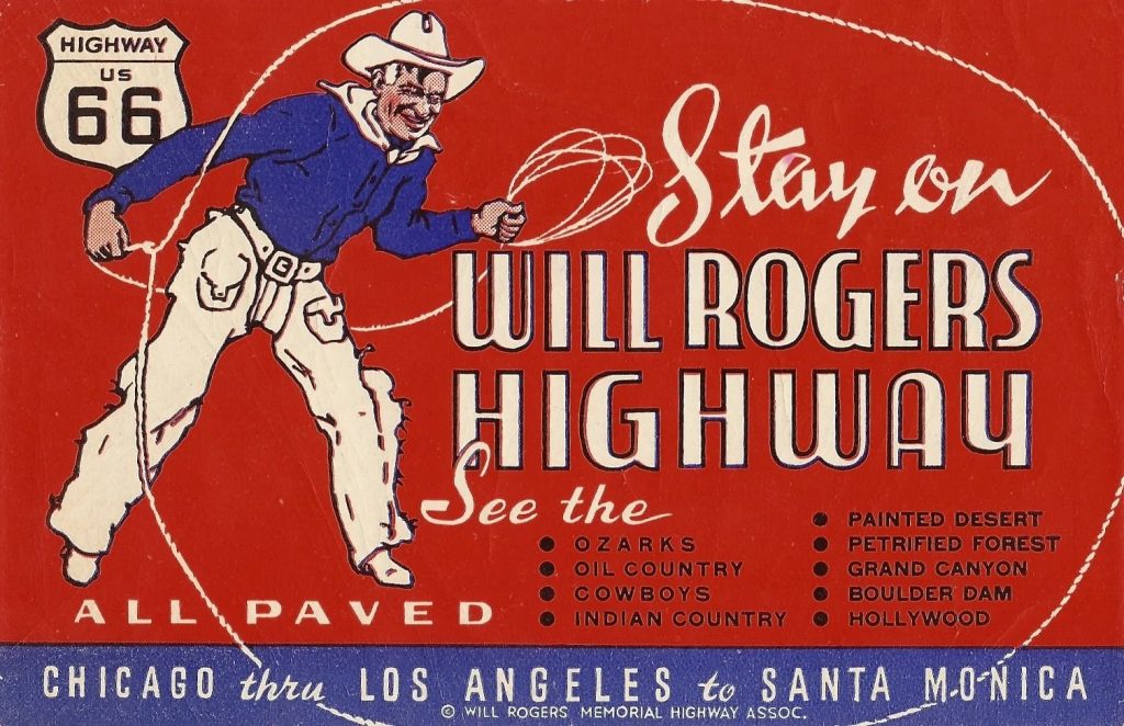 An illustration of Will Rogers roping the words "Will Rogers Highway"