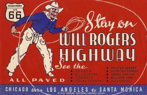 An illustration of Will Rogers roping the words "Will Rogers Highway"