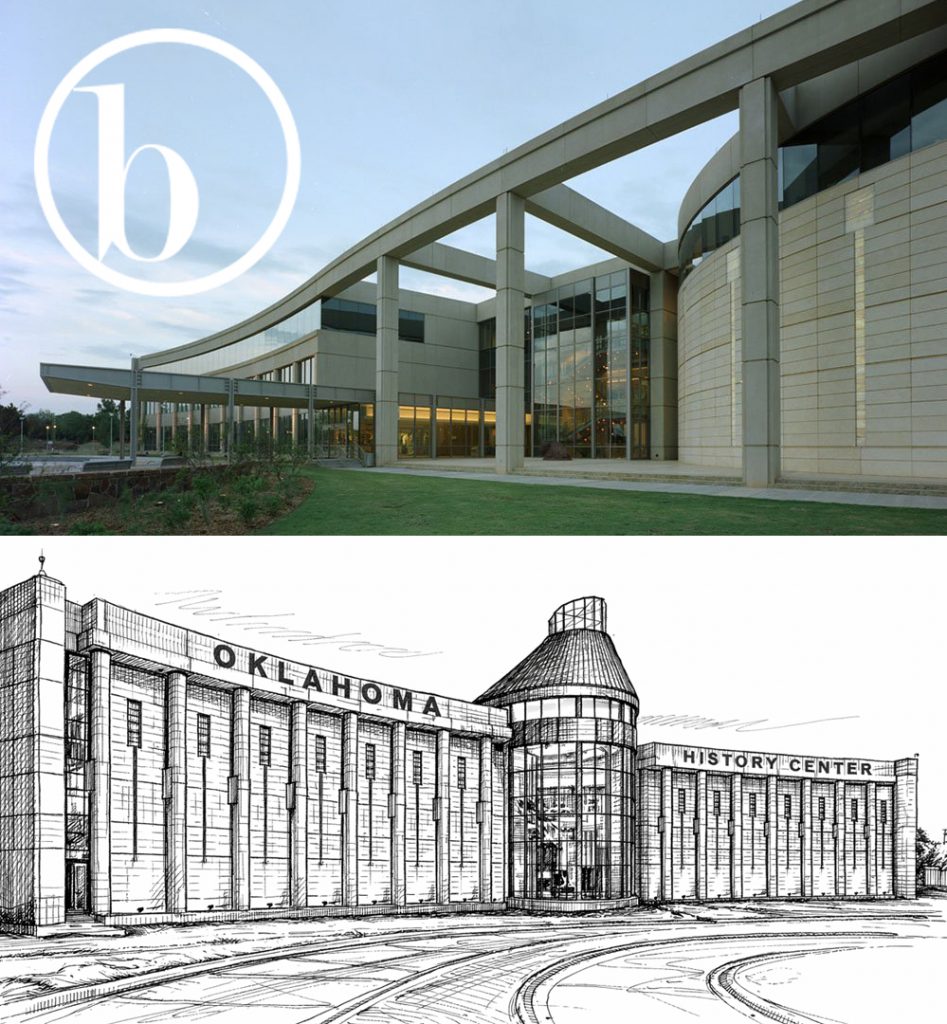 The north face of the Oklahoma History Center and a architectural rendering of the south face of the building.