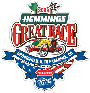 Race Starting Flags and the words 'Hemmings Great Race' with an iconic vintage automobile racing at the logo's center.