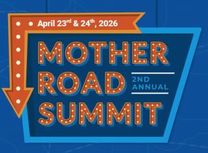 A graphic in the design of a neon sign with a corner arrow and the words "Mother Road Summit"