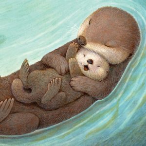 An illustration of a mother and baby otter snuggling in the water.