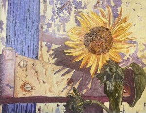 A painting of the detail of a rusty hinge on a barn door with a sunflower growing alongside.
